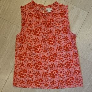 J. Crew Red/Pink Floral Linen Blend Ruffle Accent Tank Blouse